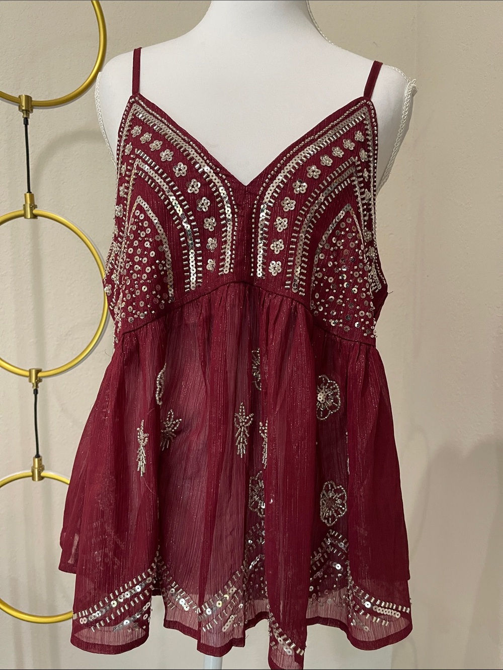Burgundy Sequin & Bead Embellished Spaghetti-Strap Semi Sheer Babydoll Top Sz M